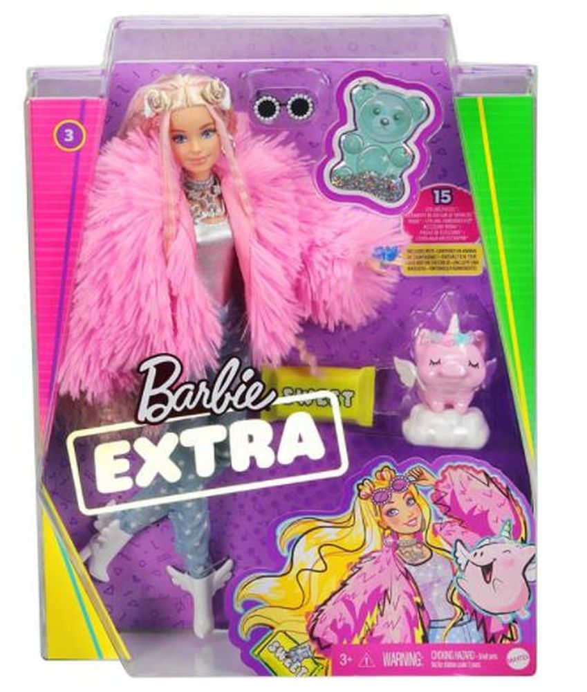 Mattel Barbie Extra: Doll with Fluffy Pink Jacket with Pet Unicorn Pig (GRN28)