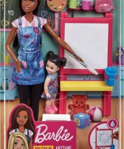 Mattel Barbie You Can be Anything - Dark Skin Doll Art Teacher with Brunette kid Doll (GJM30)