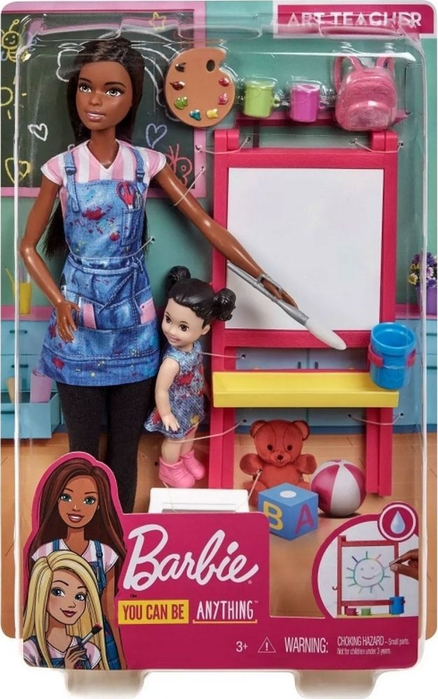 Mattel Barbie You Can be Anything - Dark Skin Doll Art Teacher with Brunette kid Doll (GJM30)
