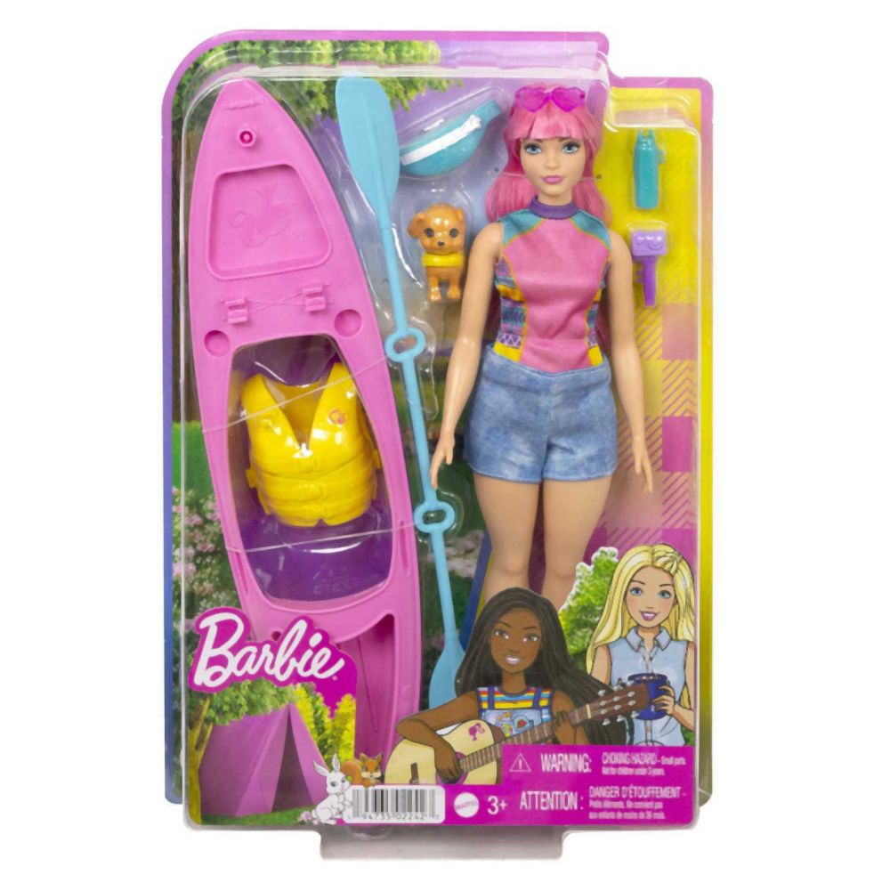 Mattel Barbie It Takes Two - Camping Playset With Curvy Daisy Doll with Pink Hair, Pet Puppy Kayak (HDF75)
