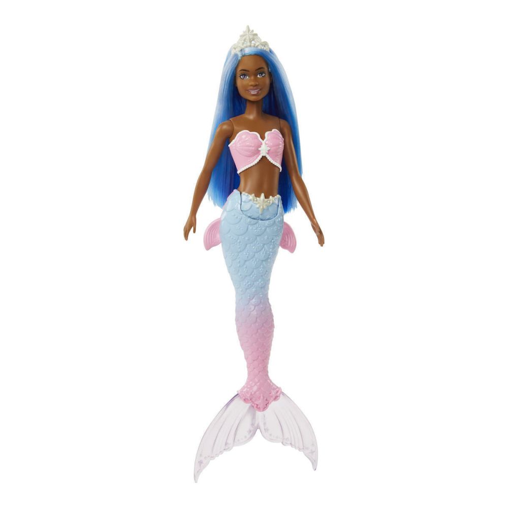 Mattel Barbie Dreamtopia: Blue Hair, Dark Skin Doll with Pink Blue Ombre Mermaid Tail and Tiara (HGR12)