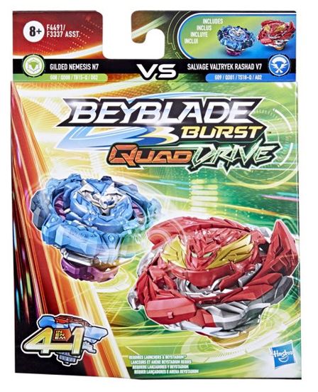 Hasbro Beyblade Burst: Quad Drive 4 in 1 - Gilded Nemesis N7 VS Salvage Valtryek Rashad V7 (F4491)