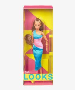 Mattel Barbie Signature Looks: Short Doll with Brunette Ponytail Turquoise/Pink Dress Model #15 (HJW82)