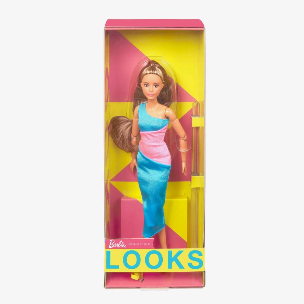 Mattel Barbie Signature Looks: Short Doll with Brunette Ponytail Turquoise/Pink Dress Model #15 (HJW82)
