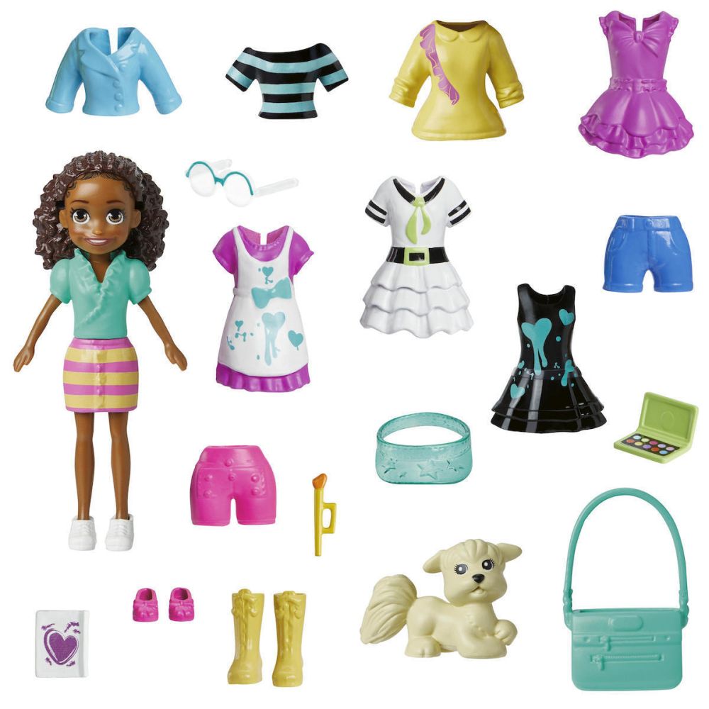 Mattel Polly Pocket: Medium Pack - Painting Dark Skin Doll with Pet (HKV91)