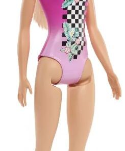 Mattel Barbie Doll Beach - Blond Doll with Tropical Checkers Pink Swimsuit (HDC50)