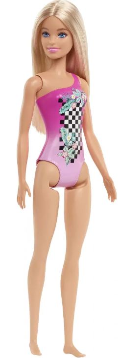 Mattel Barbie Doll Beach - Blond Doll with Tropical Checkers Pink Swimsuit (HDC50)